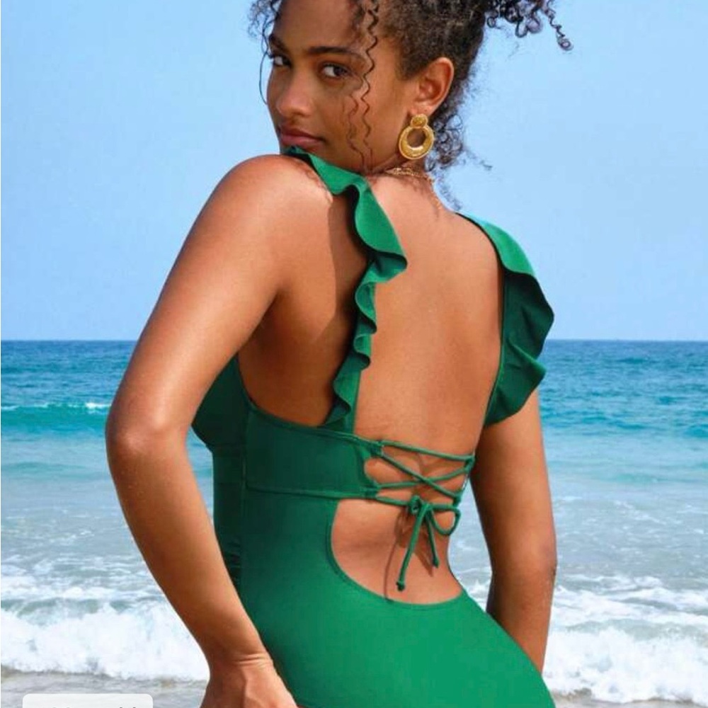 Girls' Green Ruffle One-Piece Swimsuit with Back Tie